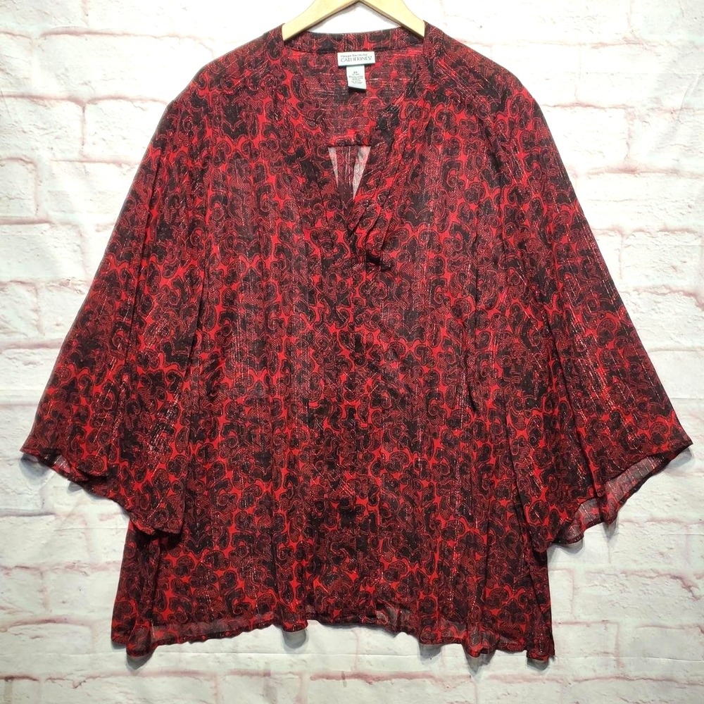 Catherines Shirt Womens 3X 26/28W Red Black Paisley Sheer Glitter Tunic‎ Boho